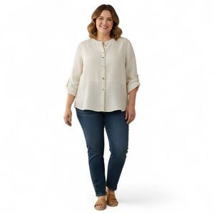 JM Collection Natural Linen Tunic Top 18W Button Front Roll Tab Sleeves Beige